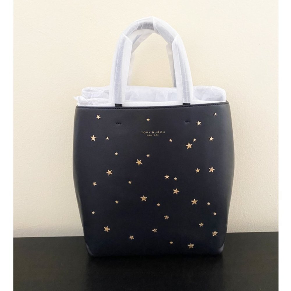 NWT TORY BURCH Women Black, Gold Star Studs, Small Leather Tote Bag - Picture 5 of 7